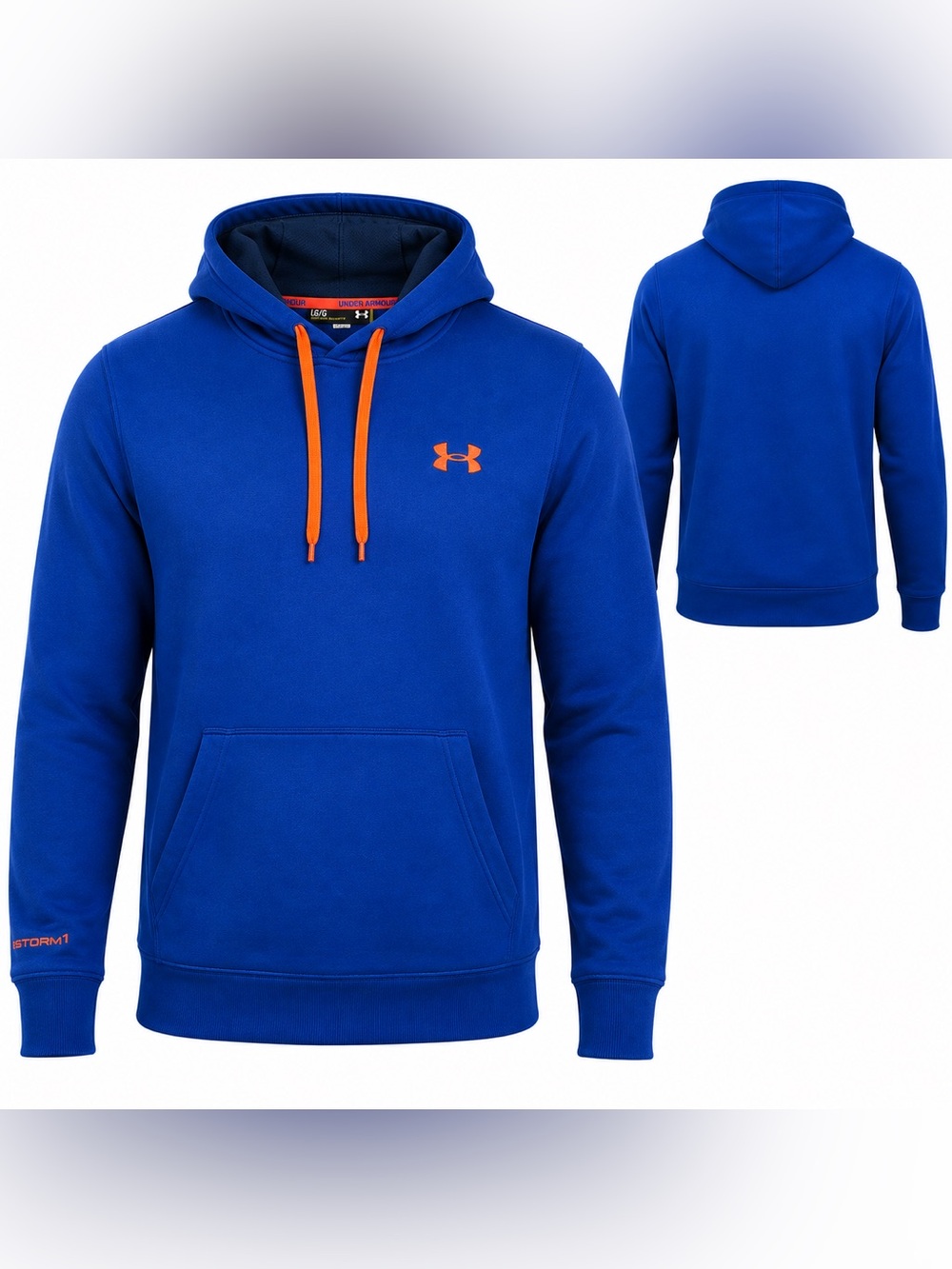 Under Armour Storm 1 Men’s LG Blue Fleece Hoodie Pullover Orange Logo